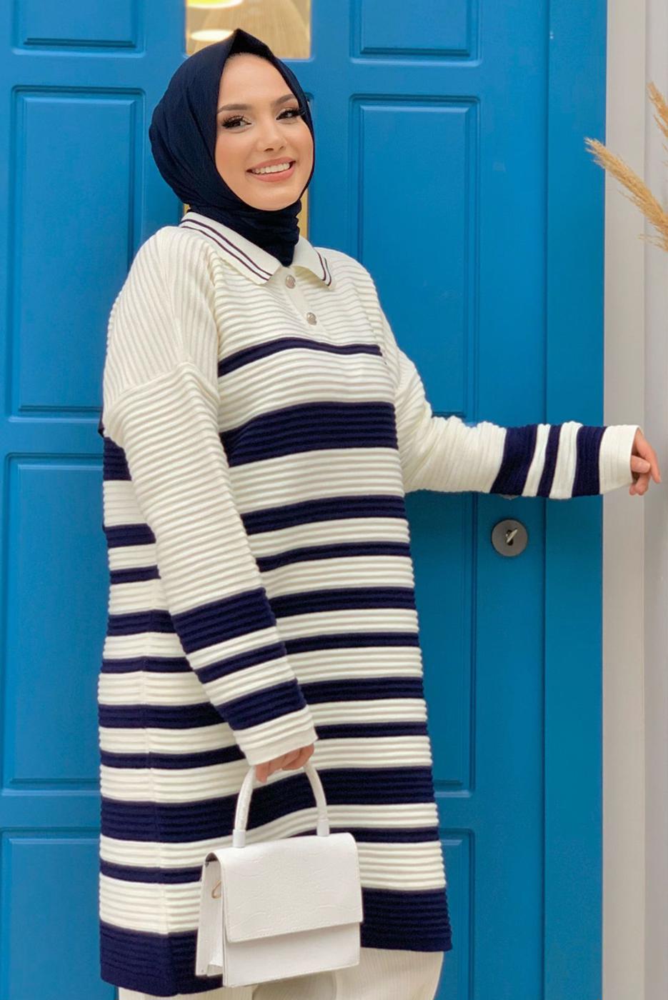 Tesettür giyim LACİVERT ÇİZGİLİ TRİKO TUNİK T 93222