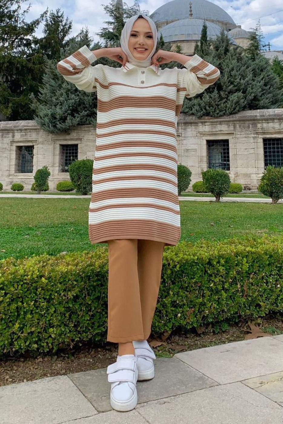 Tesettür giyim TABA ÇİZGİLİ TRİKO TUNİK T 93222