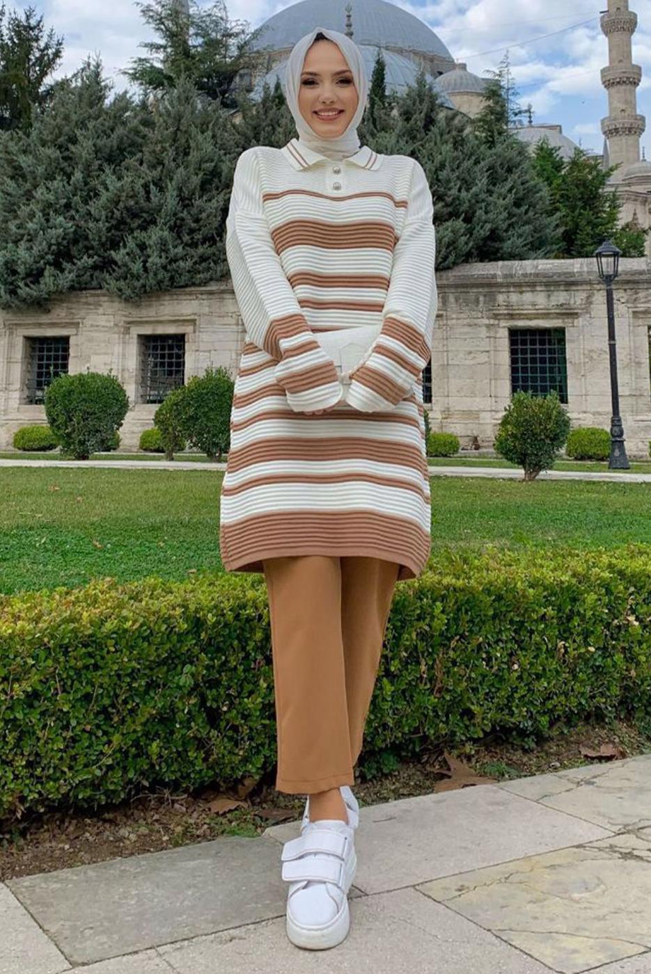 Tesettür giyim TABA ÇİZGİLİ TRİKO TUNİK T 93222