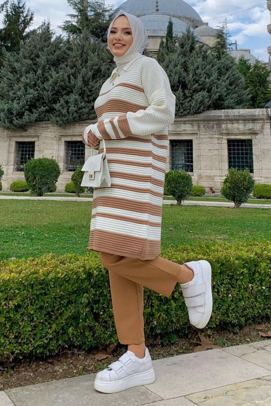 Tesettür giyim TABA ÇİZGİLİ TRİKO TUNİK T 93222