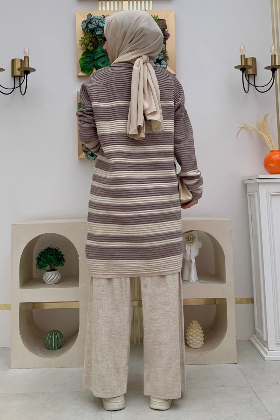 Tesettür giyim BEJ ÇİZGİLİ TRİKO TUNİK T 93222