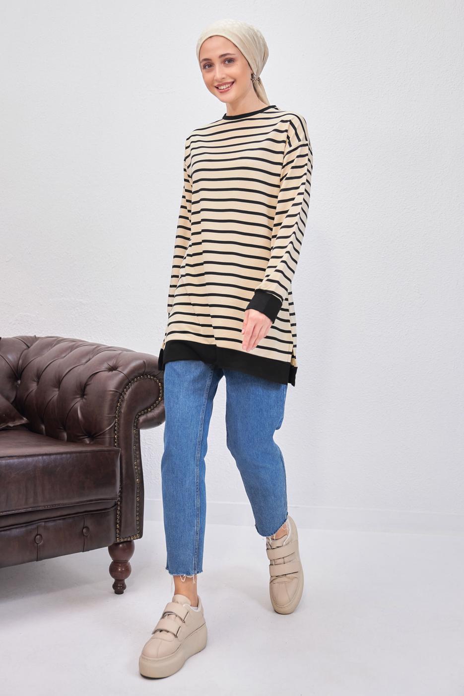Tesettür giyim SİYAH ÇİZGİLİ TUNİK T 9543