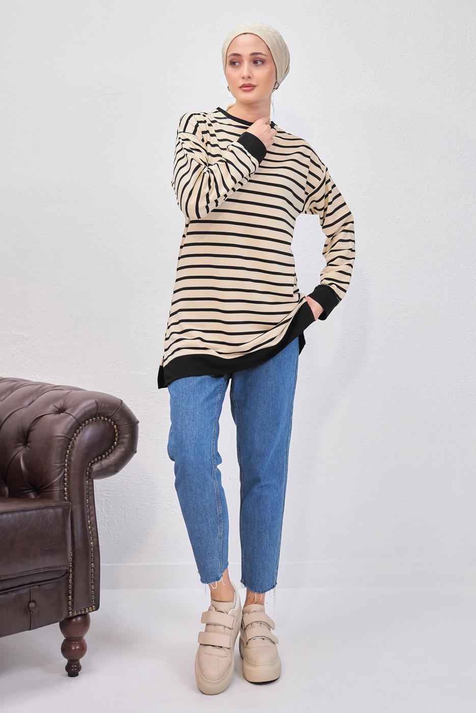 Tesettür giyim SİYAH ÇİZGİLİ TUNİK T 9543