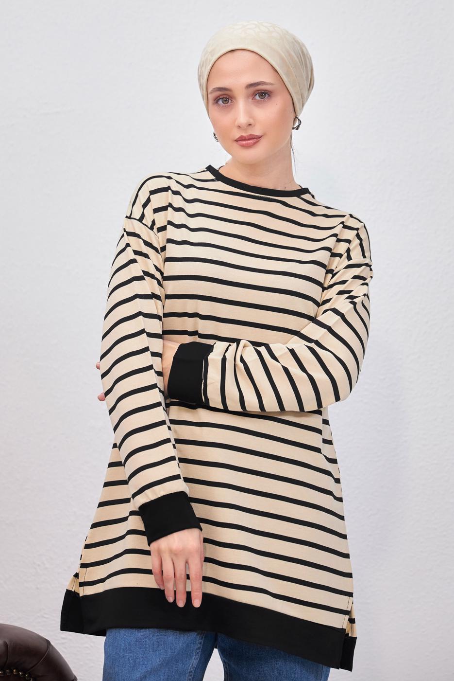 Tesettür giyim SİYAH ÇİZGİLİ TUNİK T 9543