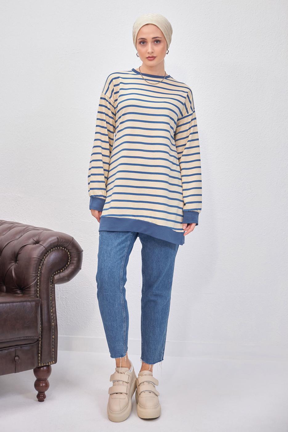 Tesettür giyim MAVİ ÇİZGİLİ TUNİK T 9543