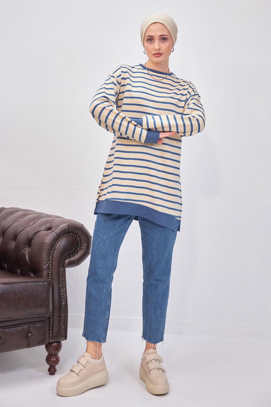 Tesettür giyim MAVİ ÇİZGİLİ TUNİK T 9543