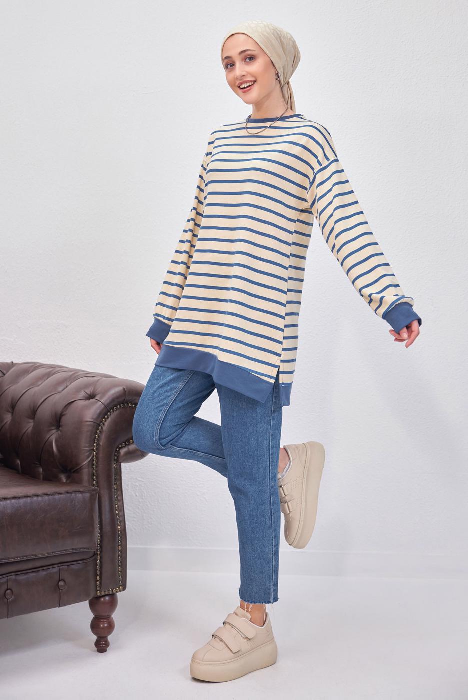 Tesettür giyim MAVİ ÇİZGİLİ TUNİK T 9543