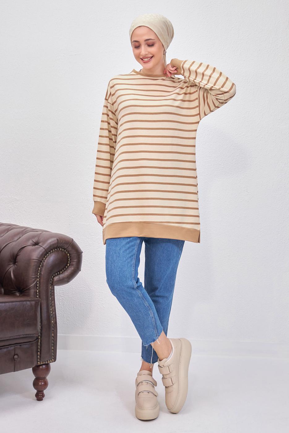 Tesettür giyim KAHVE ÇİZGİLİ TUNİK T 9543