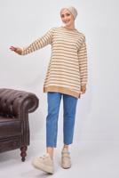 Tesettür giyim KAHVE ÇİZGİLİ TUNİK T 9543