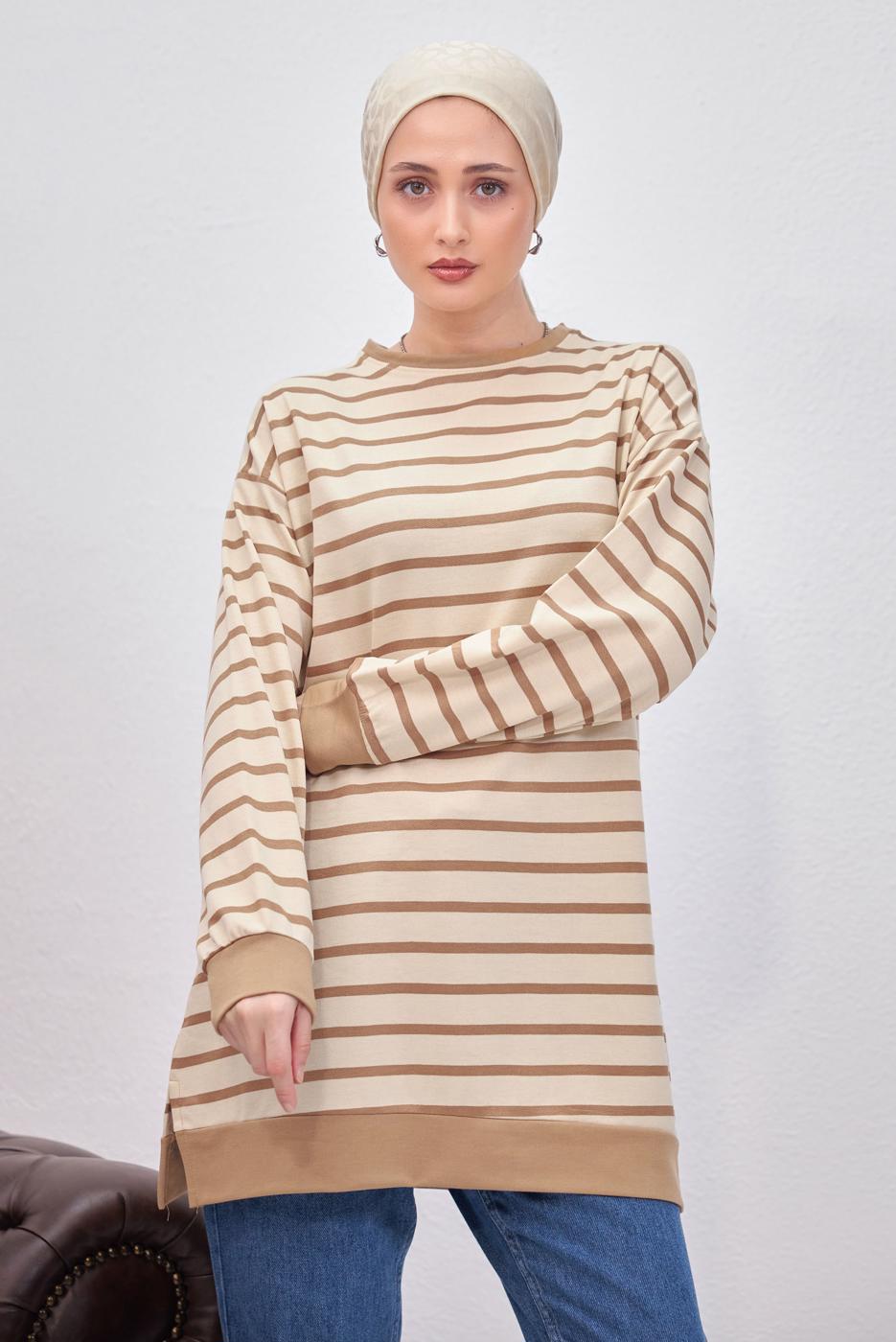 Tesettür giyim KAHVE ÇİZGİLİ TUNİK T 9543
