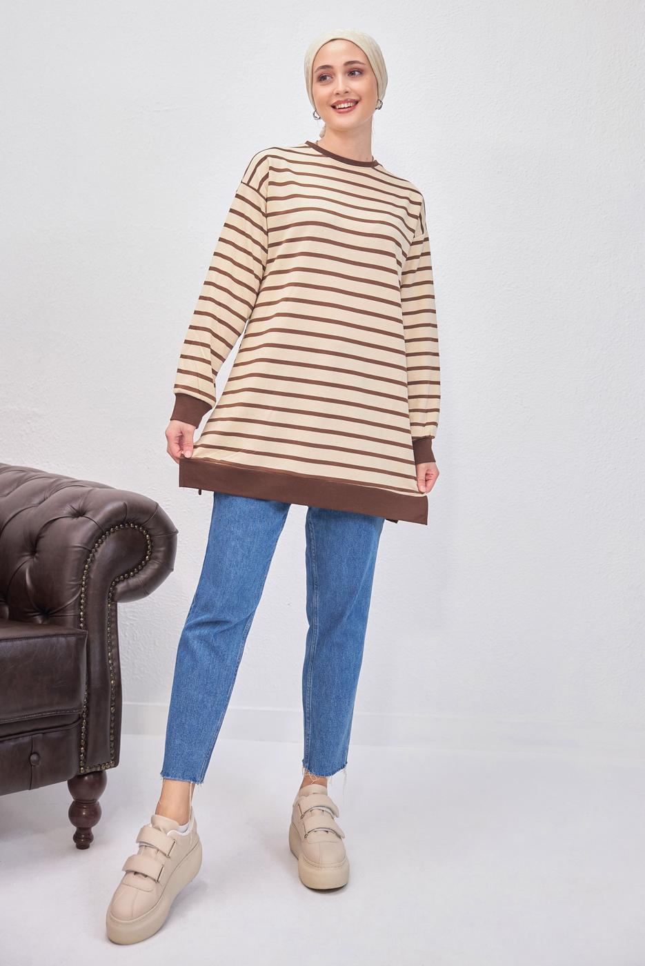 Tesettür giyim KAHVE ÇİZGİLİ TUNİK T 9543