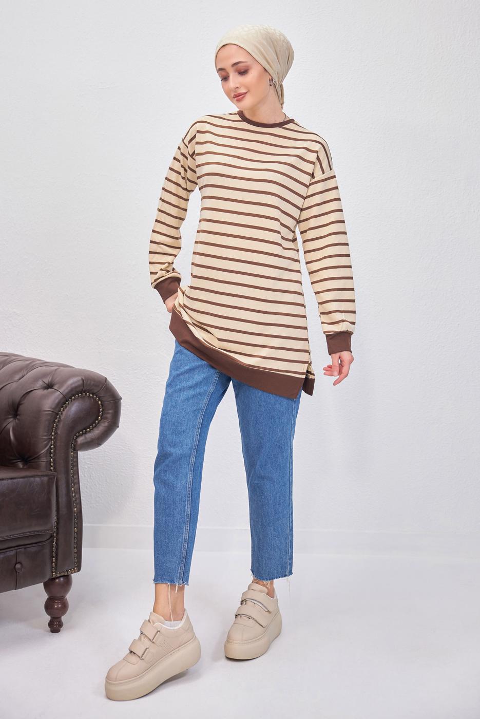 Tesettür giyim KAHVE ÇİZGİLİ TUNİK T 9543