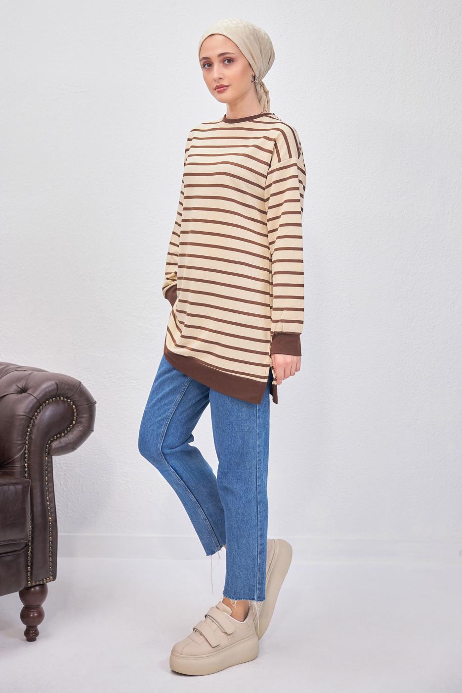 Tesettür giyim KAHVE ÇİZGİLİ TUNİK T 9543