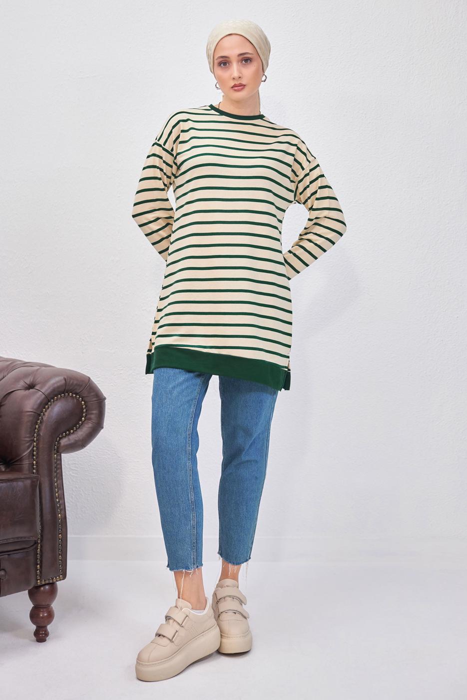 Tesettür giyim YEŞİL ÇİZGİLİ TUNİK T 9543