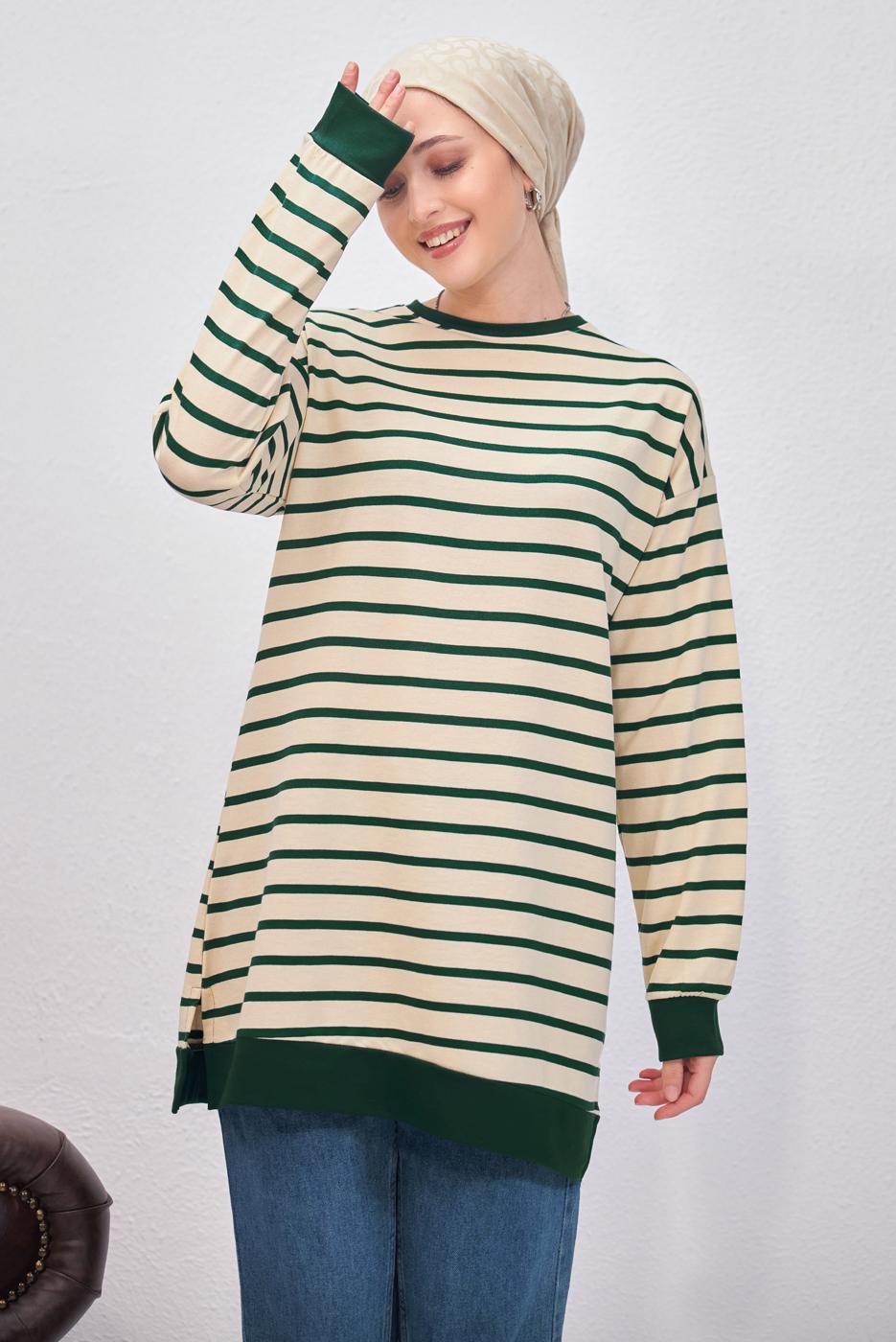 Tesettür giyim YEŞİL ÇİZGİLİ TUNİK T 9543