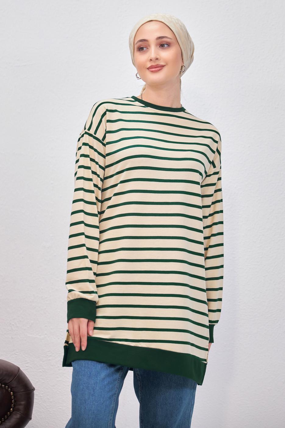 Tesettür giyim YEŞİL ÇİZGİLİ TUNİK T 9543