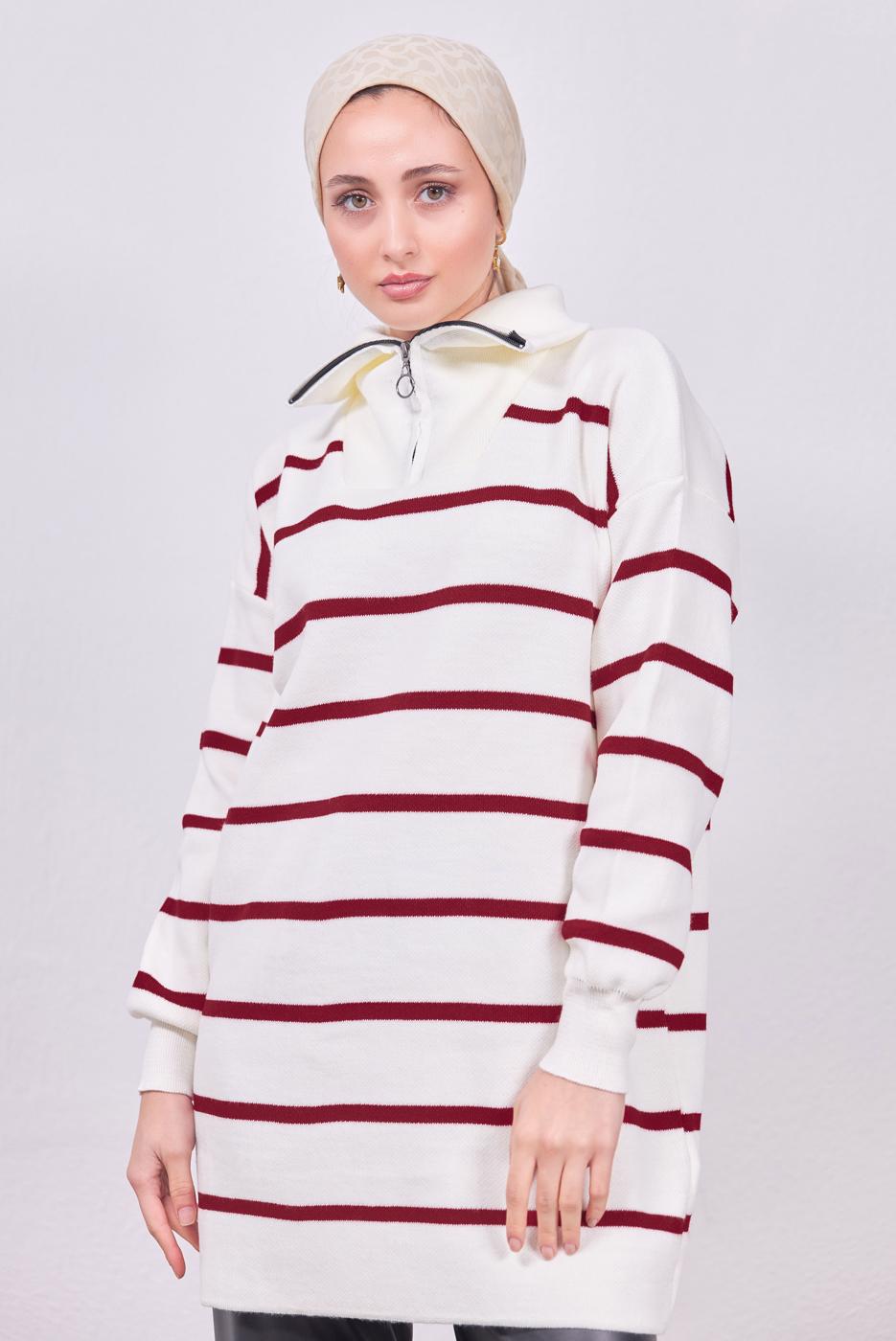 Tesettür giyim KIRMIZI ÇİZGİLİ TRİKO TUNİK T 9808