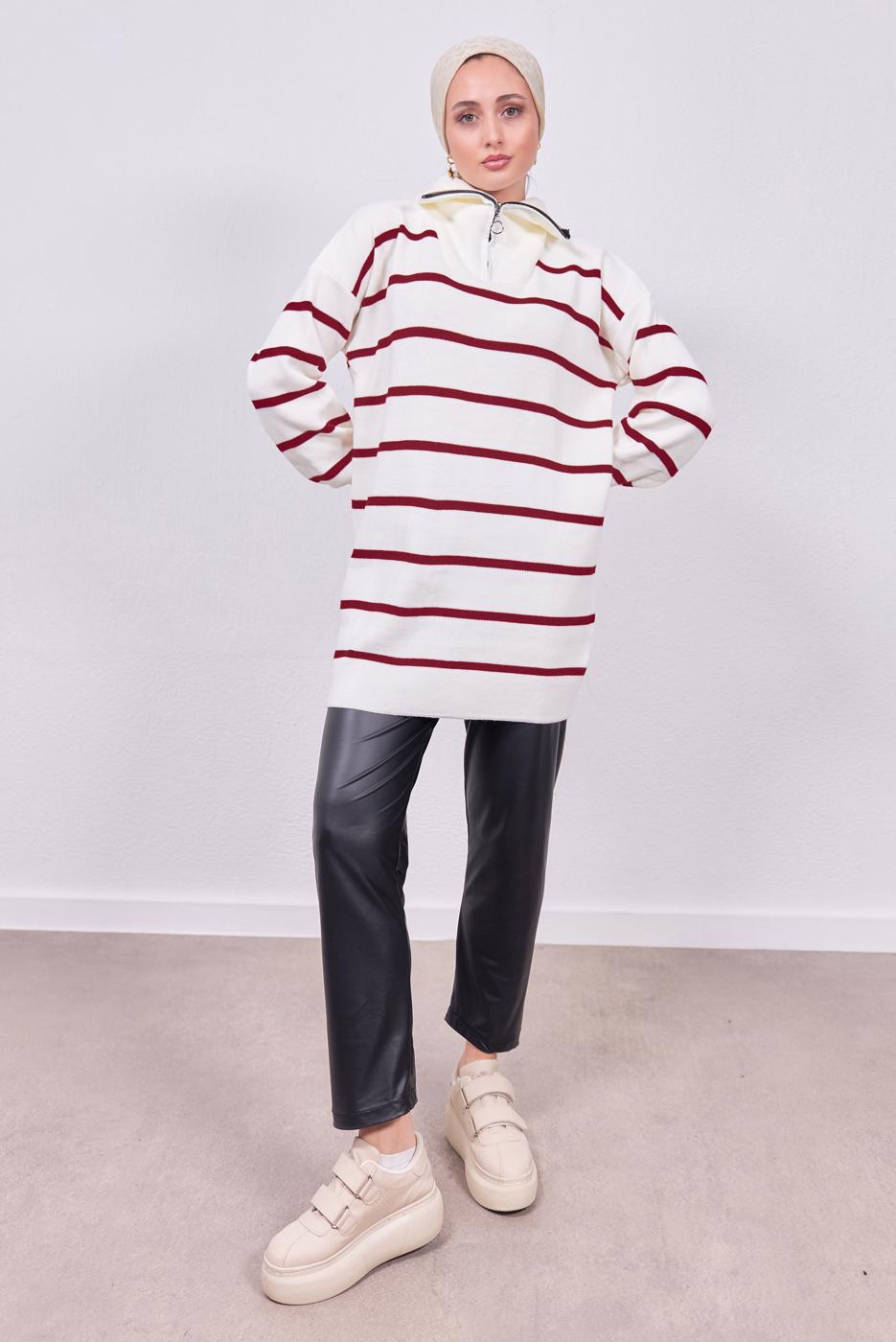 Tesettür giyim KIRMIZI ÇİZGİLİ TRİKO TUNİK T 9808