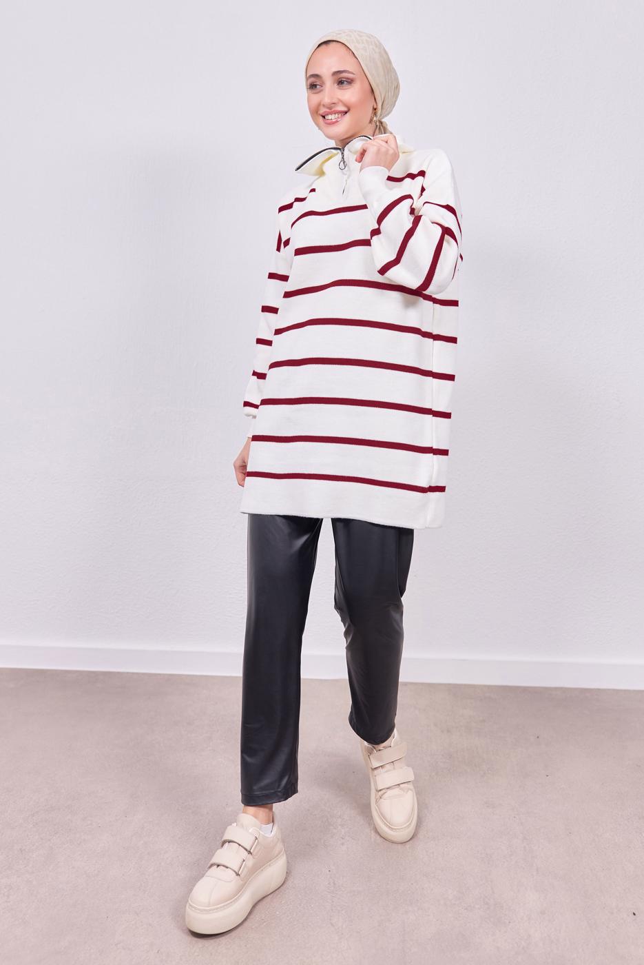 Tesettür giyim KIRMIZI ÇİZGİLİ TRİKO TUNİK T 9808
