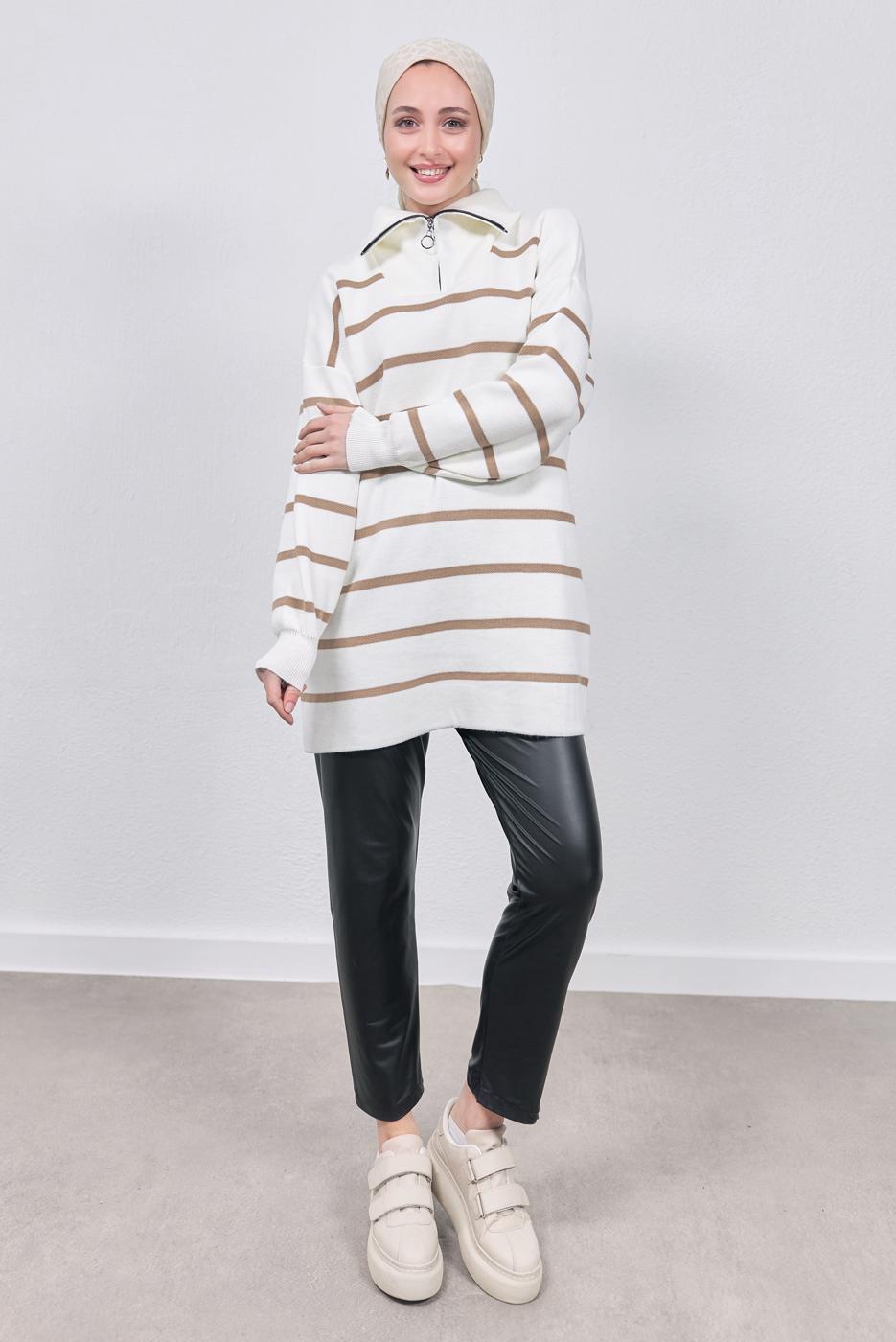 Hijab clothing BROWN STRIPED KNITWEAR TUNIC T 9808