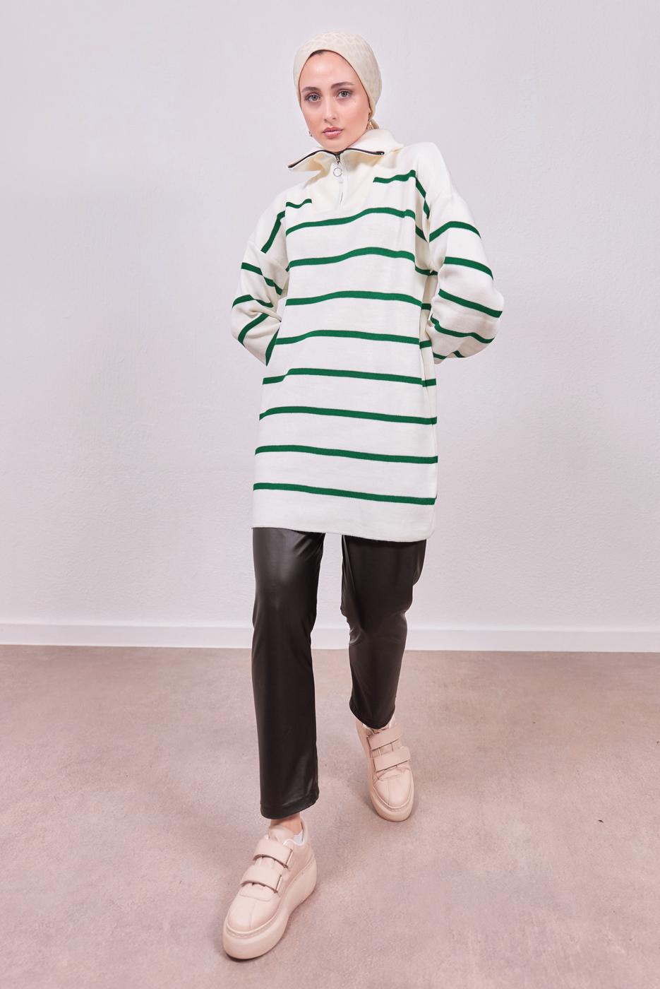 Tesettür giyim YEŞİL ÇİZGİLİ TRİKO TUNİK T 9808