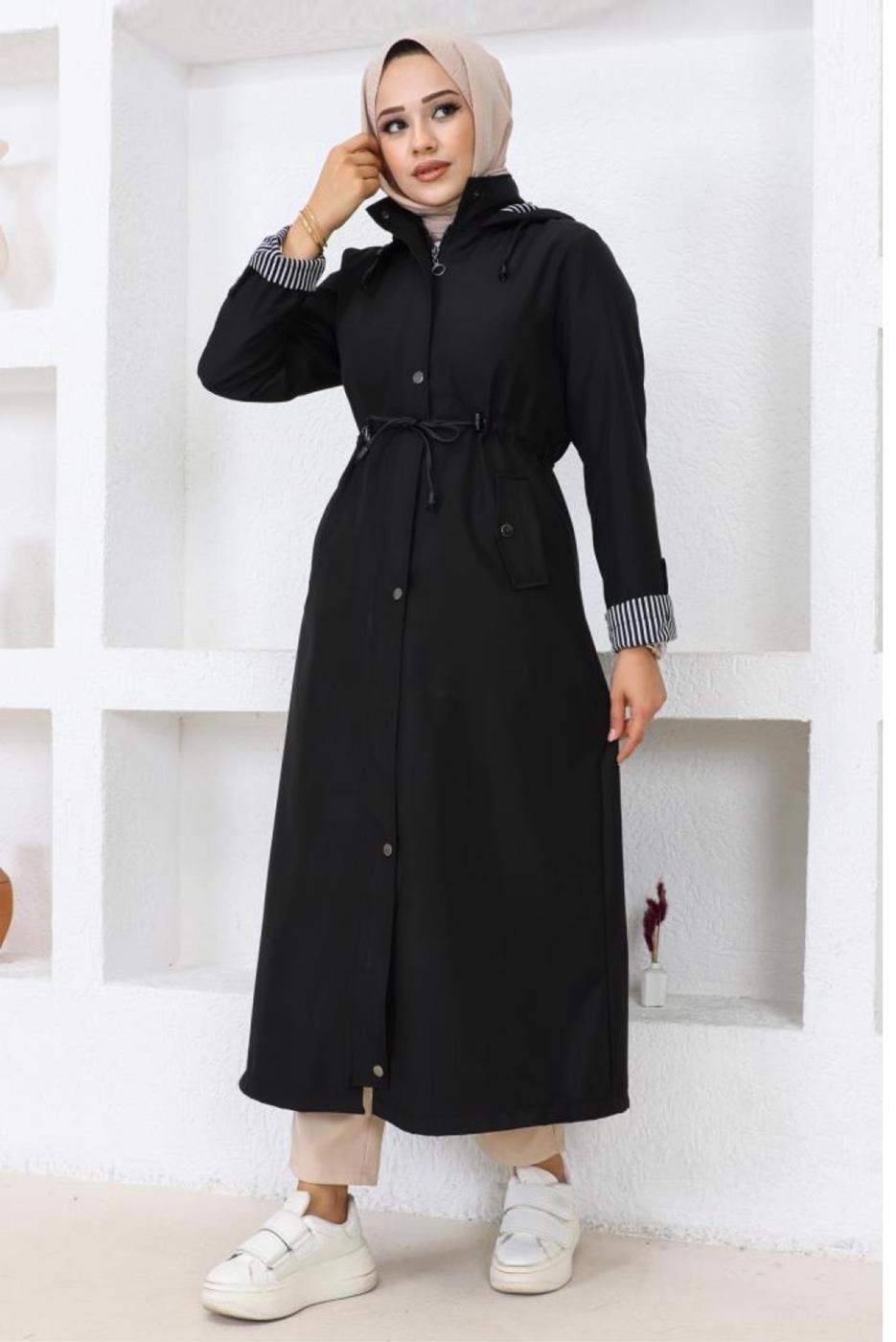 Tesettür giyim SİYAH KAPÜŞONLU TRENÇKOT T 0107