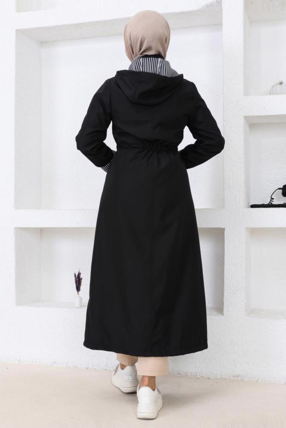 Tesettür giyim SİYAH KAPÜŞONLU TRENÇKOT T 0107