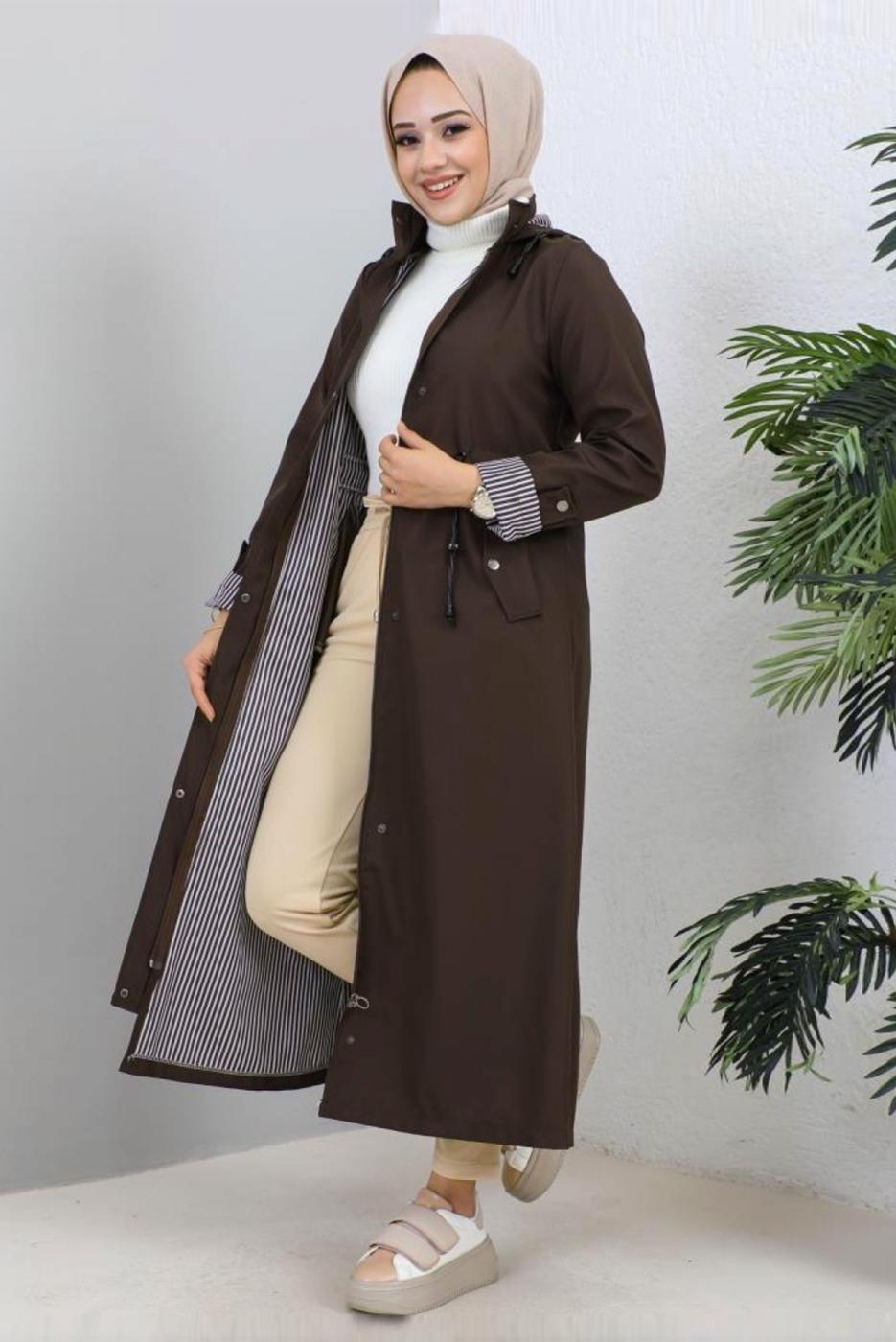 Tesettür giyim KAHVE KAPÜŞONLU TRENÇKOT T 0107