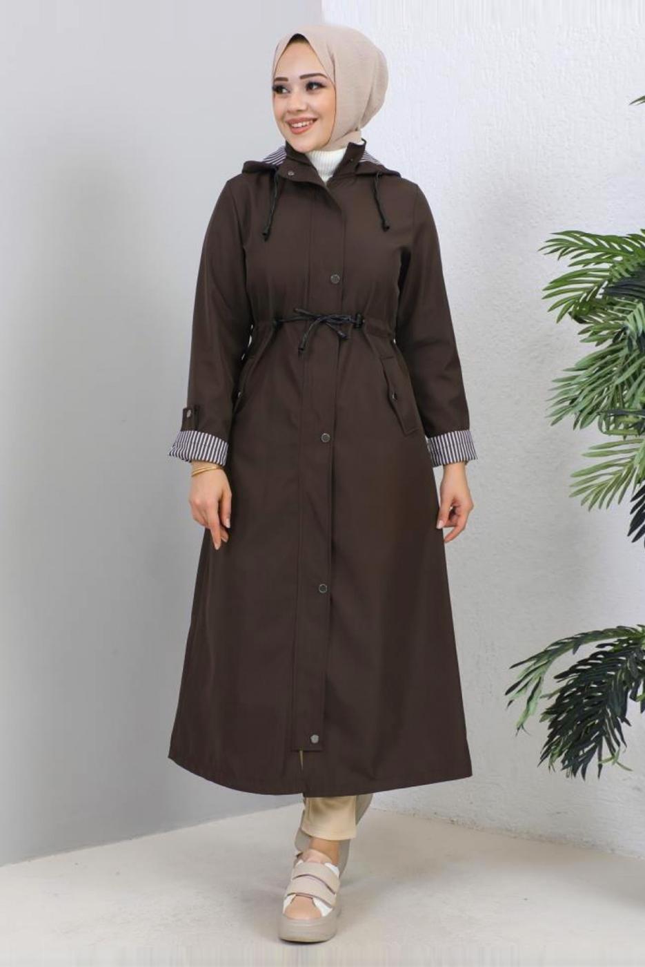 Tesettür giyim KAHVE KAPÜŞONLU TRENÇKOT T 0107