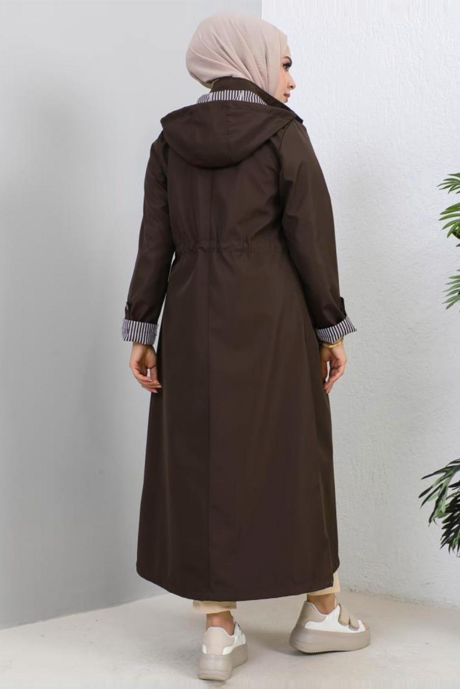 Tesettür giyim KAHVE KAPÜŞONLU TRENÇKOT T 0107