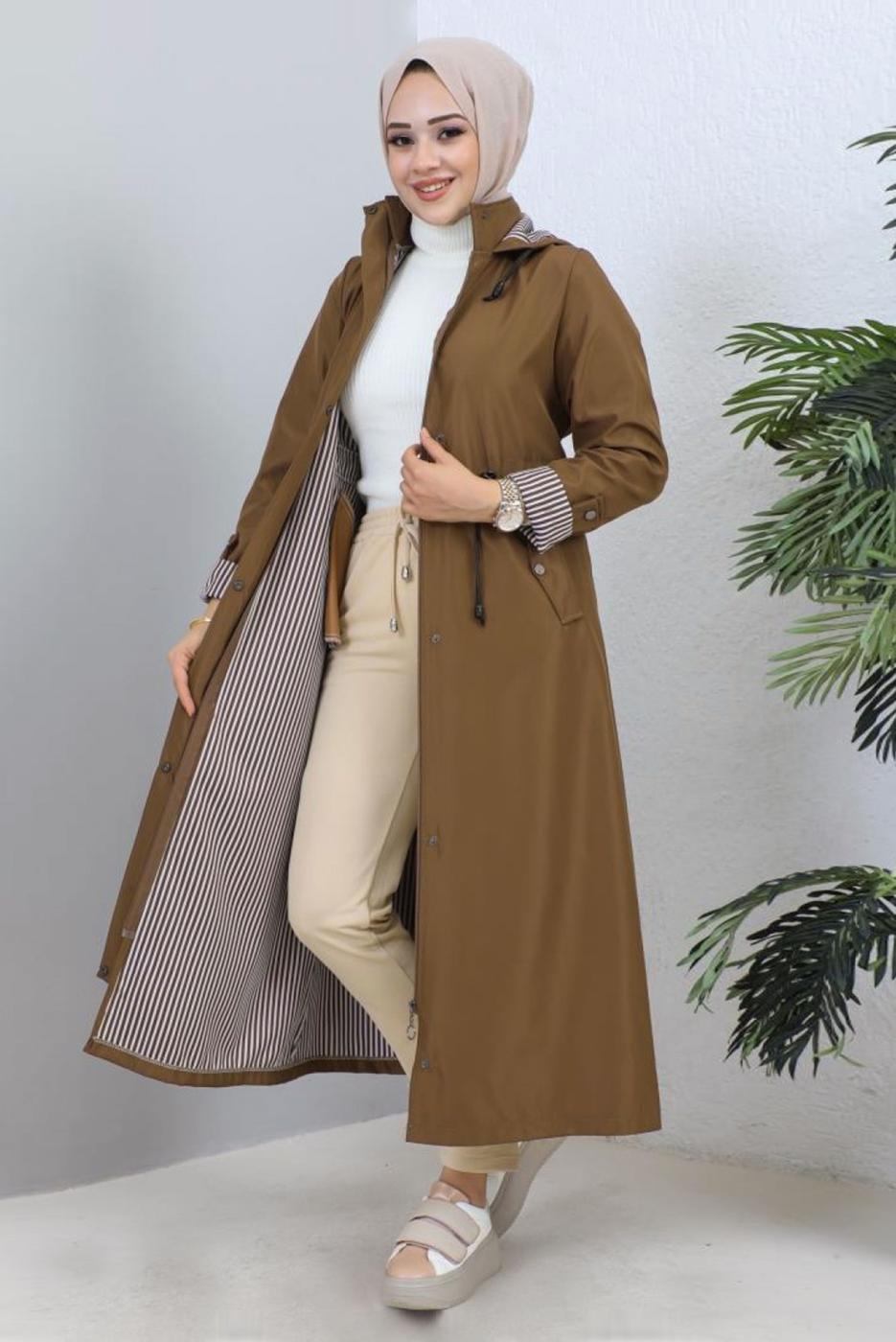 Tesettür giyim TABA KAPÜŞONLU TRENÇKOT T 0107