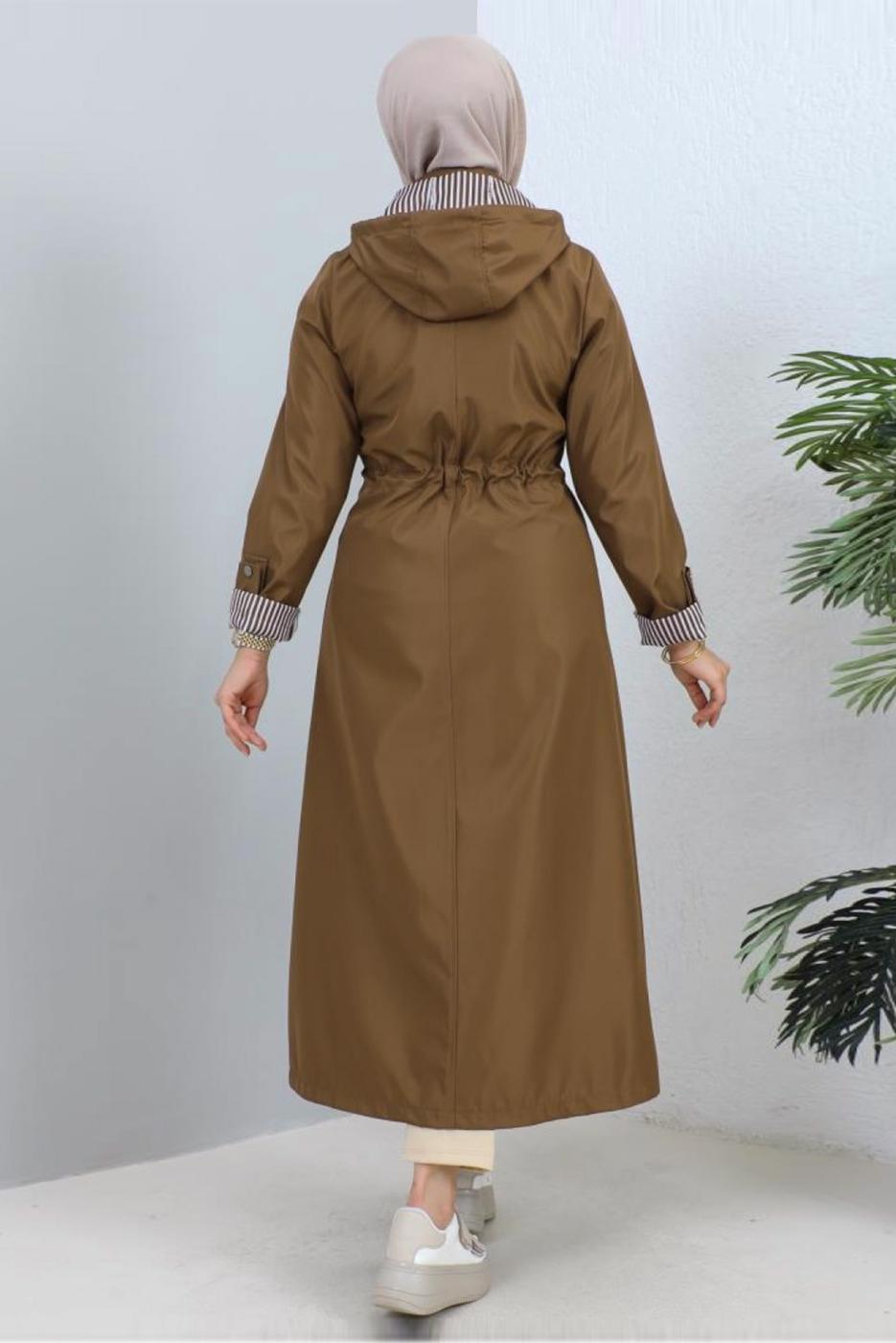 Tesettür giyim TABA KAPÜŞONLU TRENÇKOT T 0107