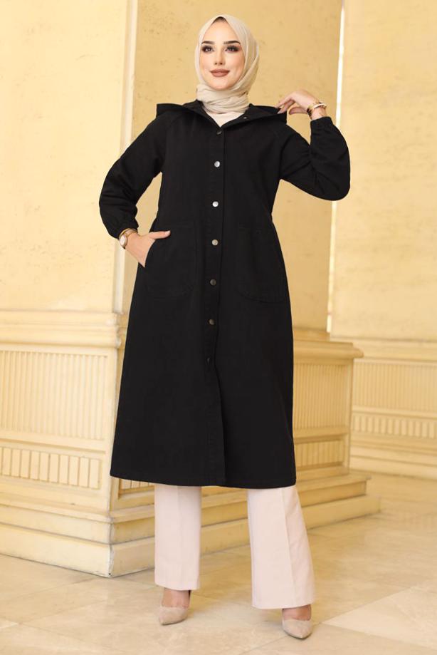 Vêtements hijab NOIR TRENCH À CAPUCHE AVEC DÉTAIL DE POCHE T 0390 - TRENDTESETTÜR