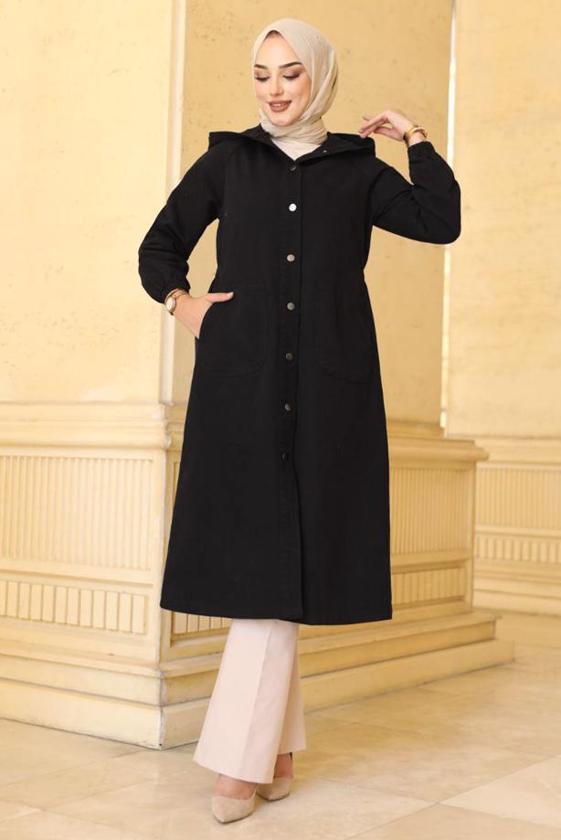 Vêtements hijab NOIR TRENCH À CAPUCHE AVEC DÉTAIL DE POCHE T 0390 - TRENDTESETTÜR