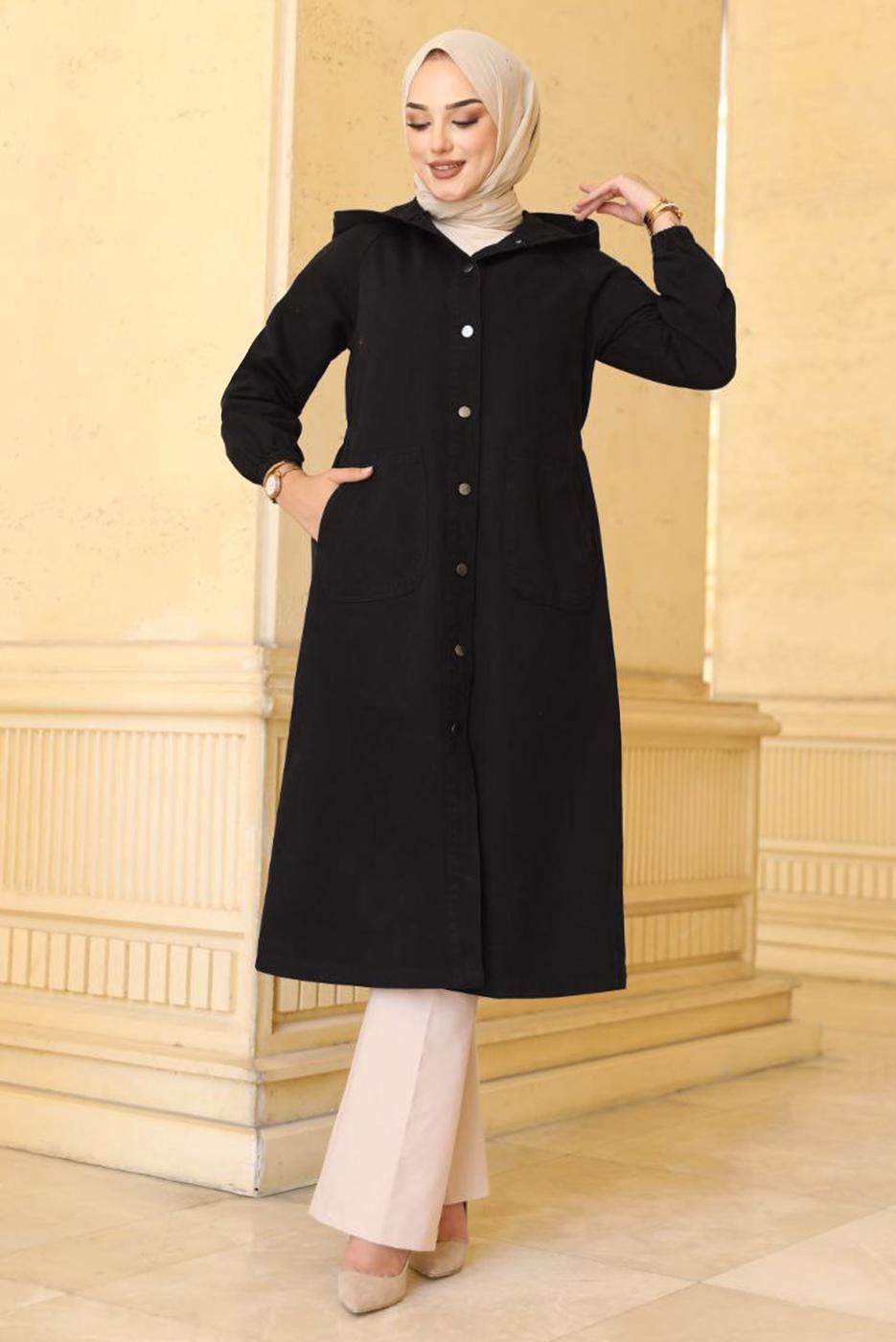 Vêtements hijab NOIR TRENCH À CAPUCHE AVEC DÉTAIL DE POCHE T 0390