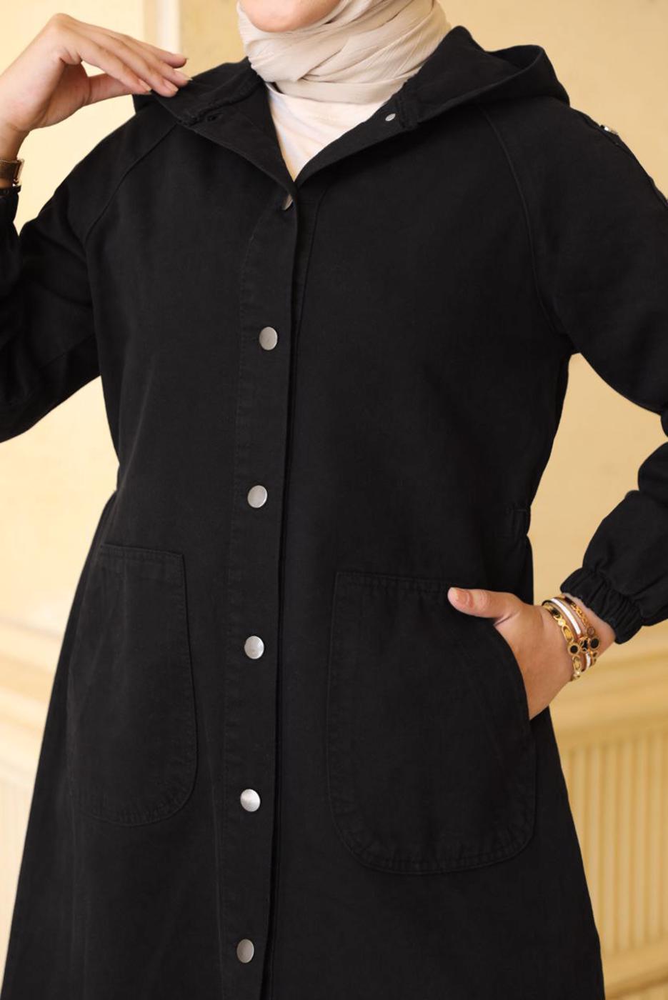 Vêtements hijab NOIR TRENCH À CAPUCHE AVEC DÉTAIL DE POCHE T 0390
