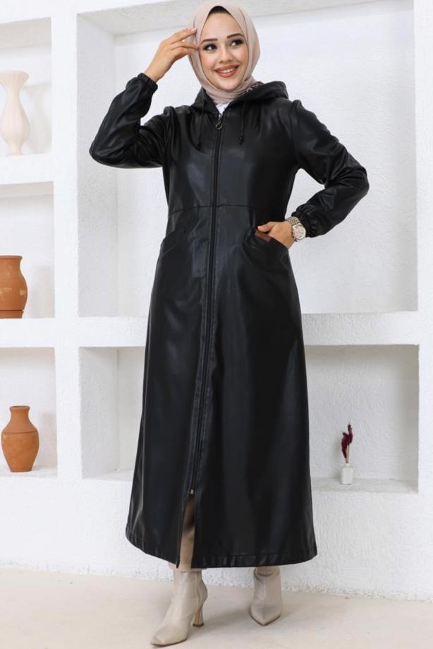Vêtements hijab NOIR VESTE À CAPUCHE EN SIMILI CUIR T 0521 - TRENDTESETTÜR