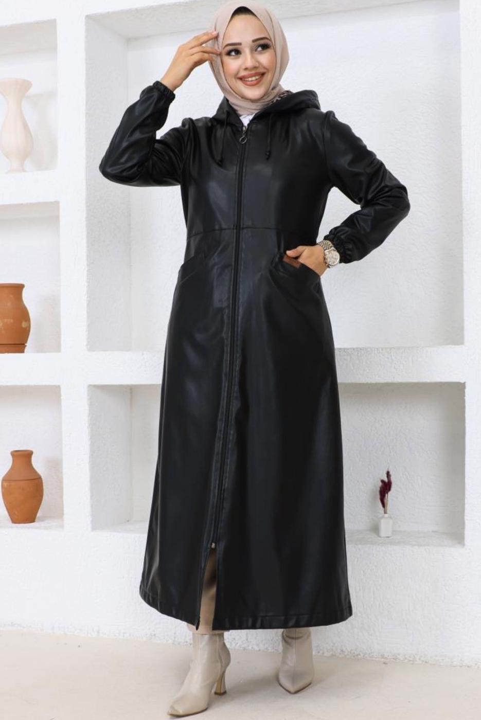 Vêtements hijab NOIR VESTE À CAPUCHE EN SIMILI CUIR T 0521