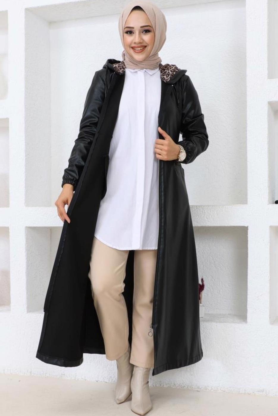 Vêtements hijab NOIR VESTE À CAPUCHE EN SIMILI CUIR T 0521