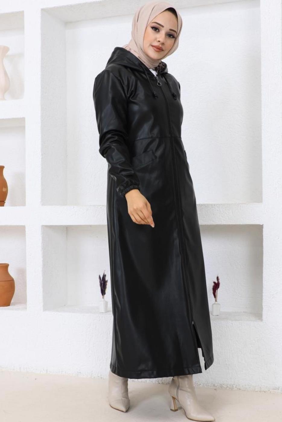 Vêtements hijab NOIR VESTE À CAPUCHE EN SIMILI CUIR T 0521
