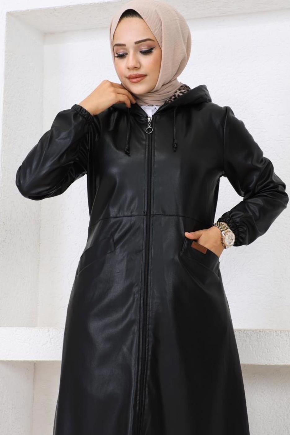 Vêtements hijab NOIR VESTE À CAPUCHE EN SIMILI CUIR T 0521