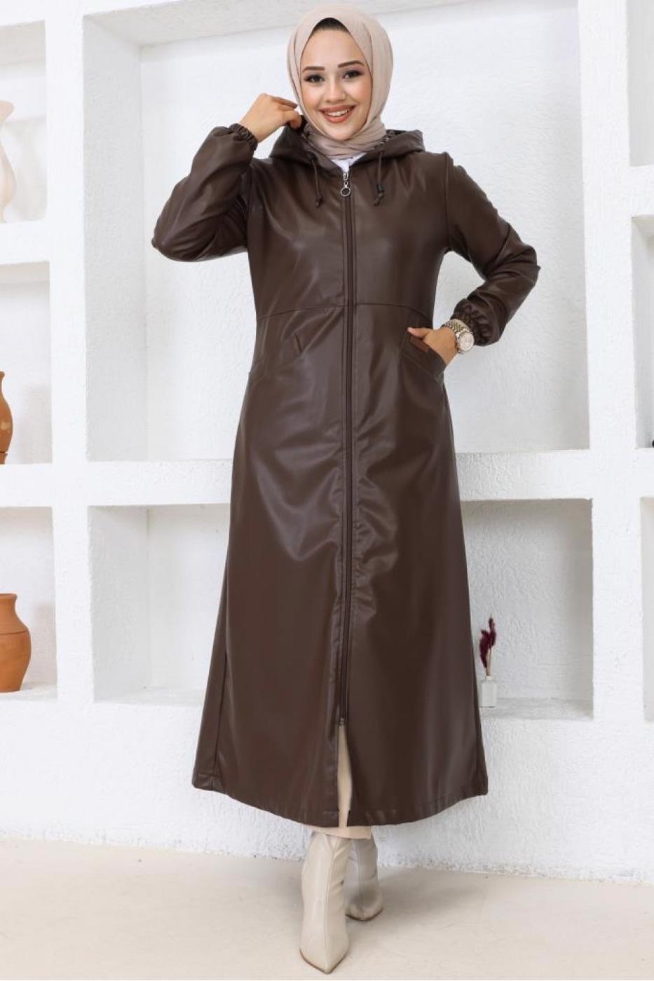 Hijab clothing BROWN HOODED FAUX LEATHER JACKET T 0521