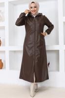 Hijab clothing BROWN HOODED FAUX LEATHER JACKET T 0521