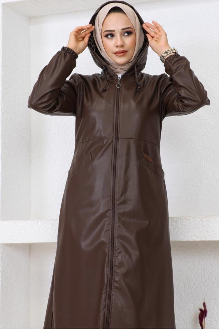 Hijab clothing BROWN HOODED FAUX LEATHER JACKET T 0521