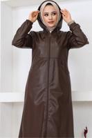 Hijab clothing BROWN HOODED FAUX LEATHER JACKET T 0521