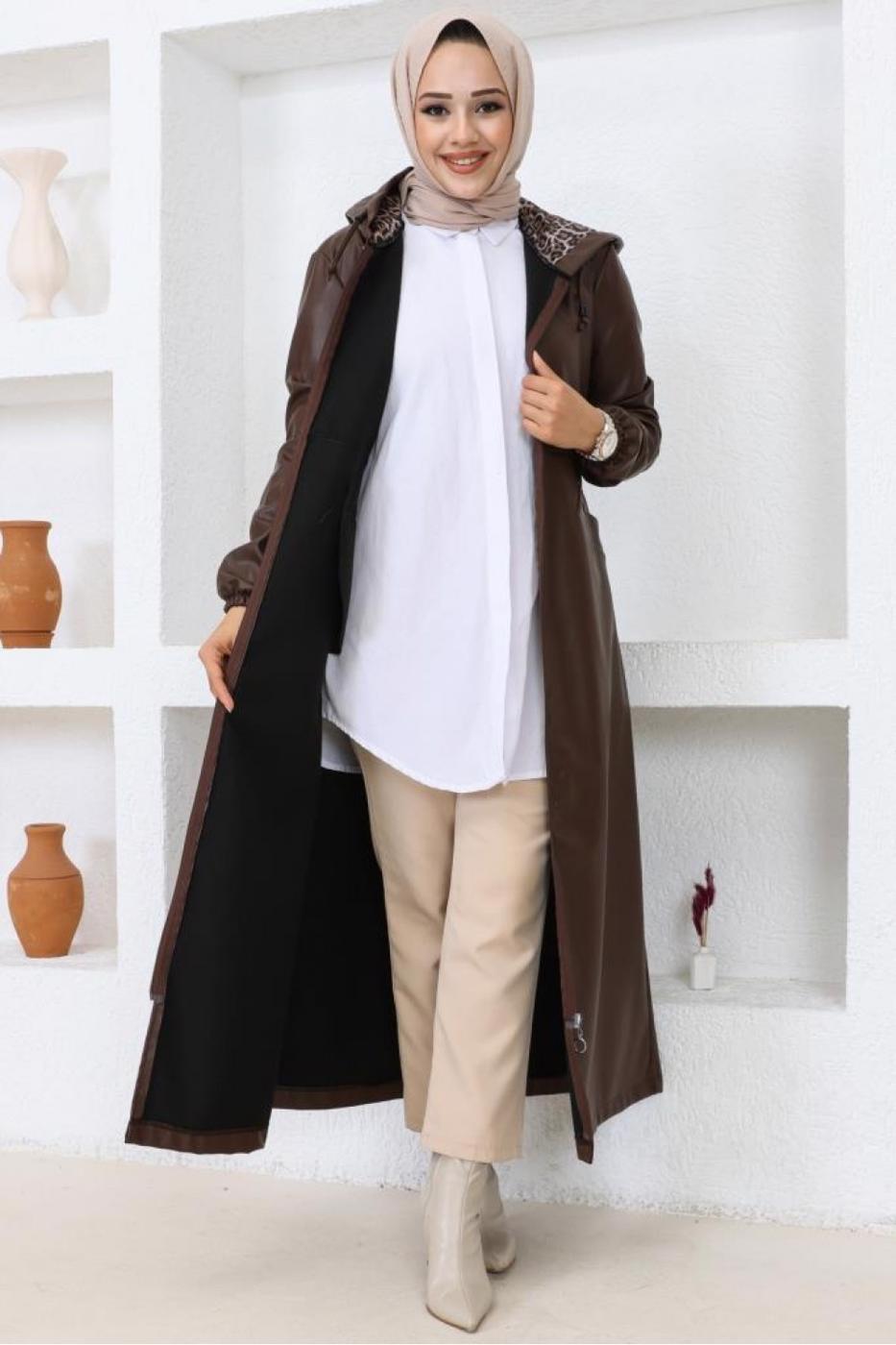 Hijab clothing BROWN HOODED FAUX LEATHER JACKET T 0521