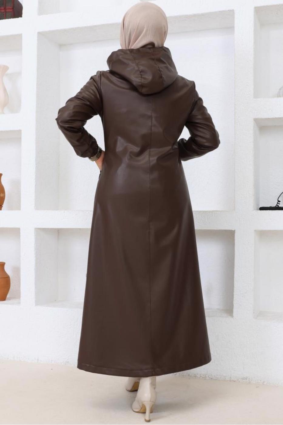 Hijab clothing BROWN HOODED FAUX LEATHER JACKET T 0521