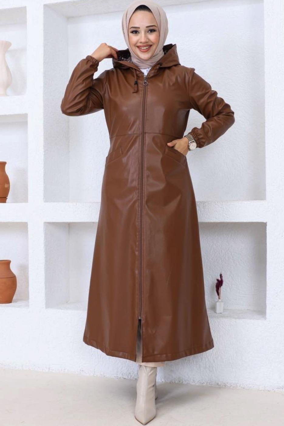 Hijab clothing TABA HOODED FAUX LEATHER JACKET T 0521
