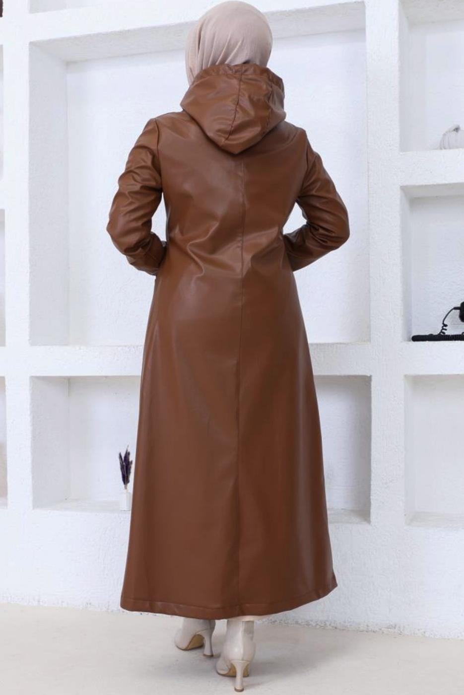 Hijab clothing TABA HOODED FAUX LEATHER JACKET T 0521