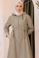 Tesettür giyim VİZON KAPÜŞONLU TRENÇKOT T 0602-1